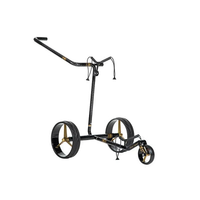 Eleganter Golf Trolley aus Carbon mit goldfarbenen Felgen, für Golfzubehör und Golfplatz geeignet.