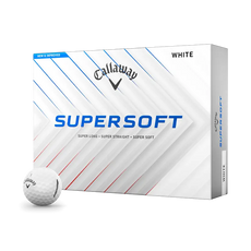 Callaway Supersoft Golfbälle in Weiß, Verpackung und einzelner Golfball auf weißem Hintergrund