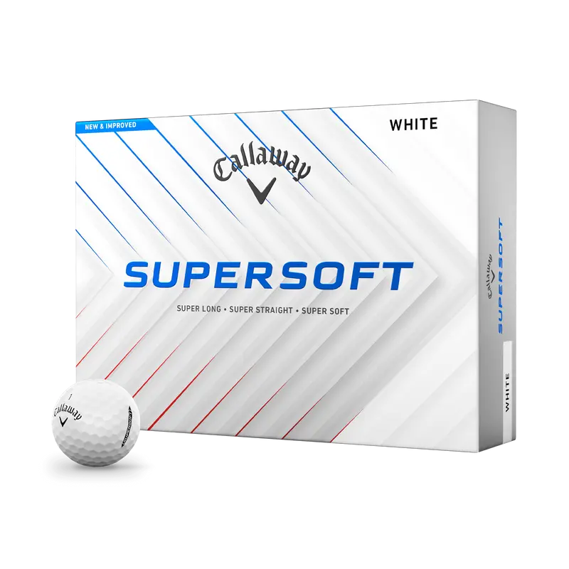 Callaway Supersoft Golfbälle in Weiß, Verpackung und einzelner Golfball auf weißem Hintergrund