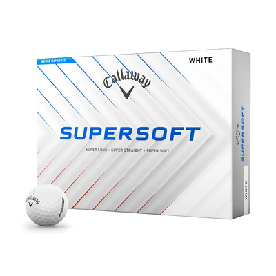 Callaway Supersoft Golfbälle in Weiß, Verpackung und einzelner Golfball auf weißem Hintergrund