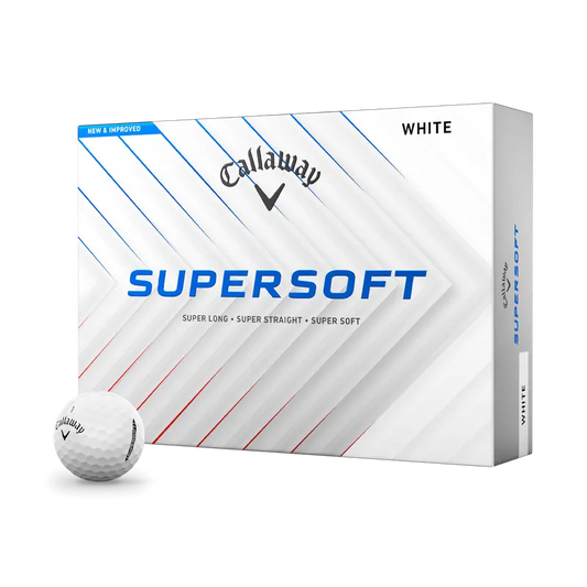 Callaway Supersoft Golfbälle in Weiß, Verpackung und einzelner Golfball auf weißem Hintergrund