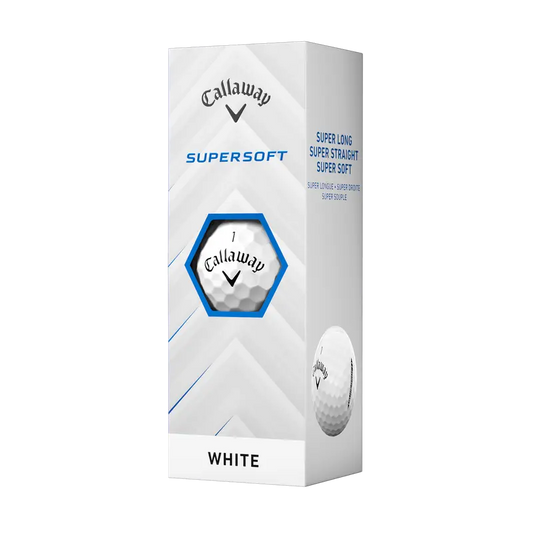 Callaway Supersoft Golfball, weiße Verpackung, Golfballabbildung und Aufschrift 'Super Long Super Straight Super Soft'.