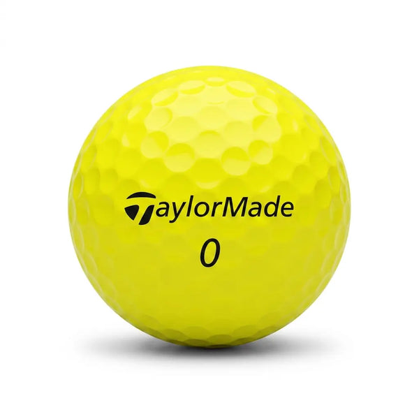 TaylorMade Yellow Mix – Nahaufnahme gelber TaylorMade Golfball mit dimpled Oberfläche und Logo