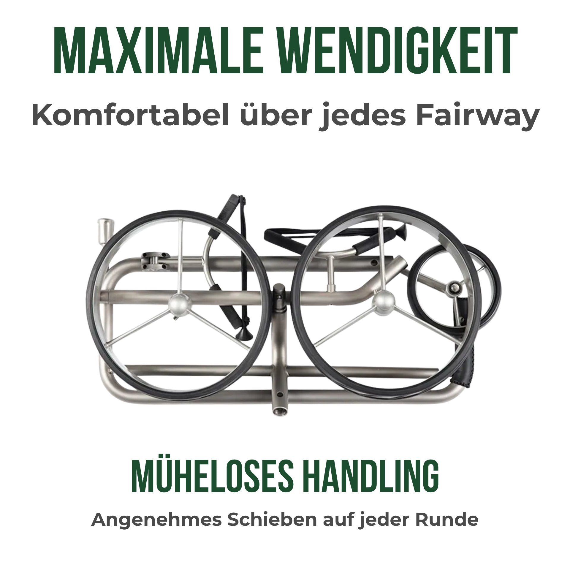 Zusammengeklappter silberner Golf Trolley mit drei Rädern, platzsparend für Transport