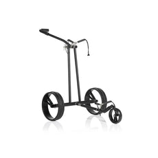 Schwarzer elektrischer Golf Trolley mit drei Rädern, moderner Rahmen, freigestellt