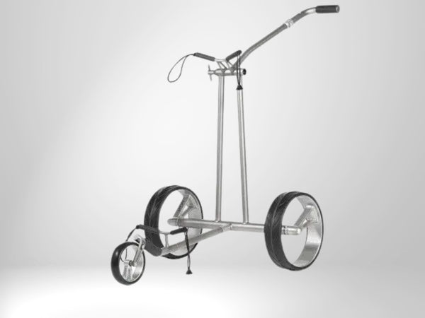 Moderner silberner Golf Trolley mit drei Rädern, ideal für Golfzubehör Transport