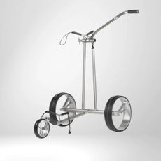 Moderner silberner Golf Trolley mit drei Rädern und ergonomischem Griff auf hellem Hintergrund