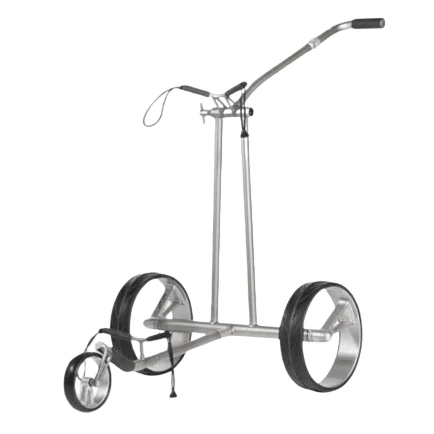 Moderner silberner Golf Trolley mit drei Rädern und ergonomischem Griff auf hellem Hintergrund