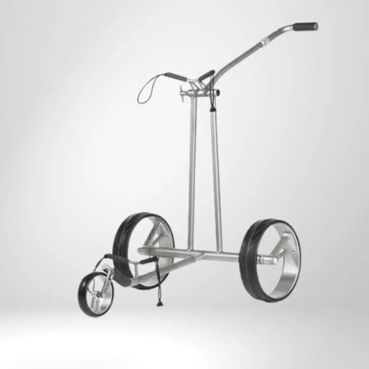 Moderner silberner Golf Trolley mit drei Rädern und ergonomischem Griff auf hellem Hintergrund