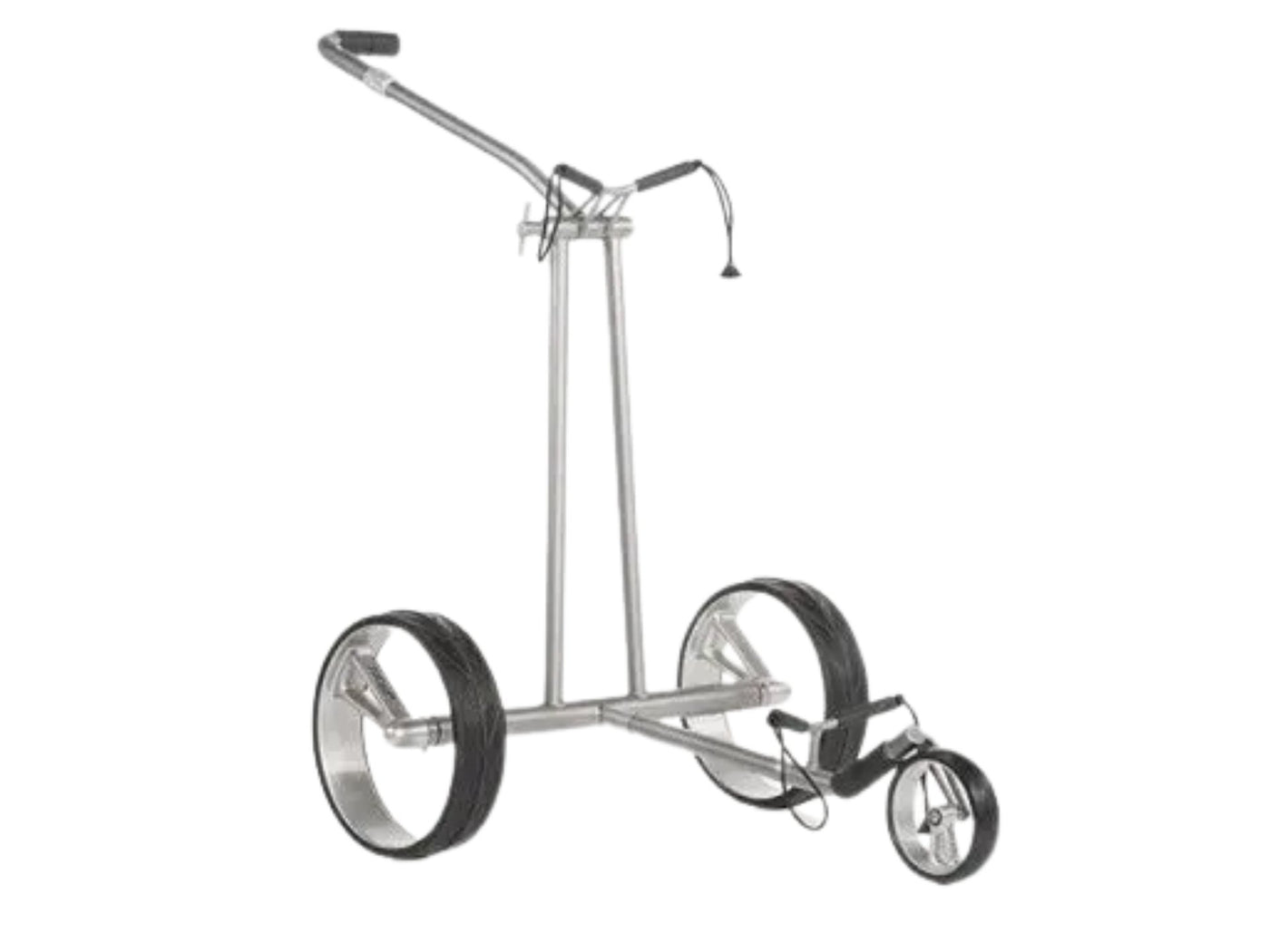 Moderner, silberner Golf Trolley mit drei großen Rädern auf weißem Hintergrund