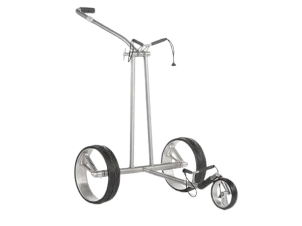 Moderner, silberner Golf Trolley mit drei großen Rädern auf weißem Hintergrund