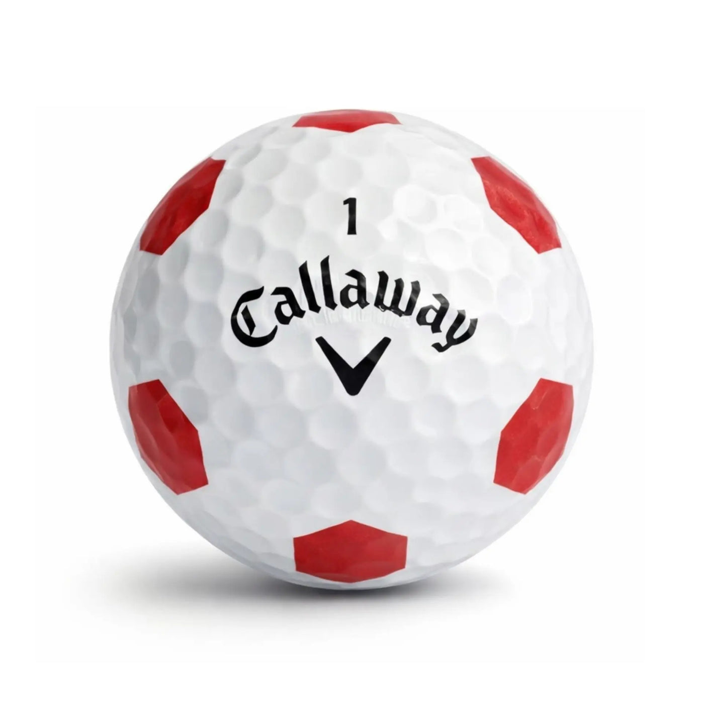 Callaway Chrome Soft Truvis Red – Nahaufnahme Golfball mit roten Truvis Mustern und Logo