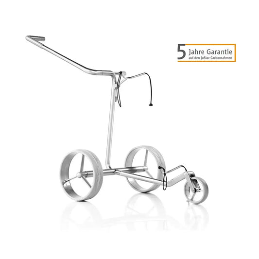 Moderner silberner Golf Trolley mit drei Rädern und Garantiehinweis, freigestellt auf Weiß
