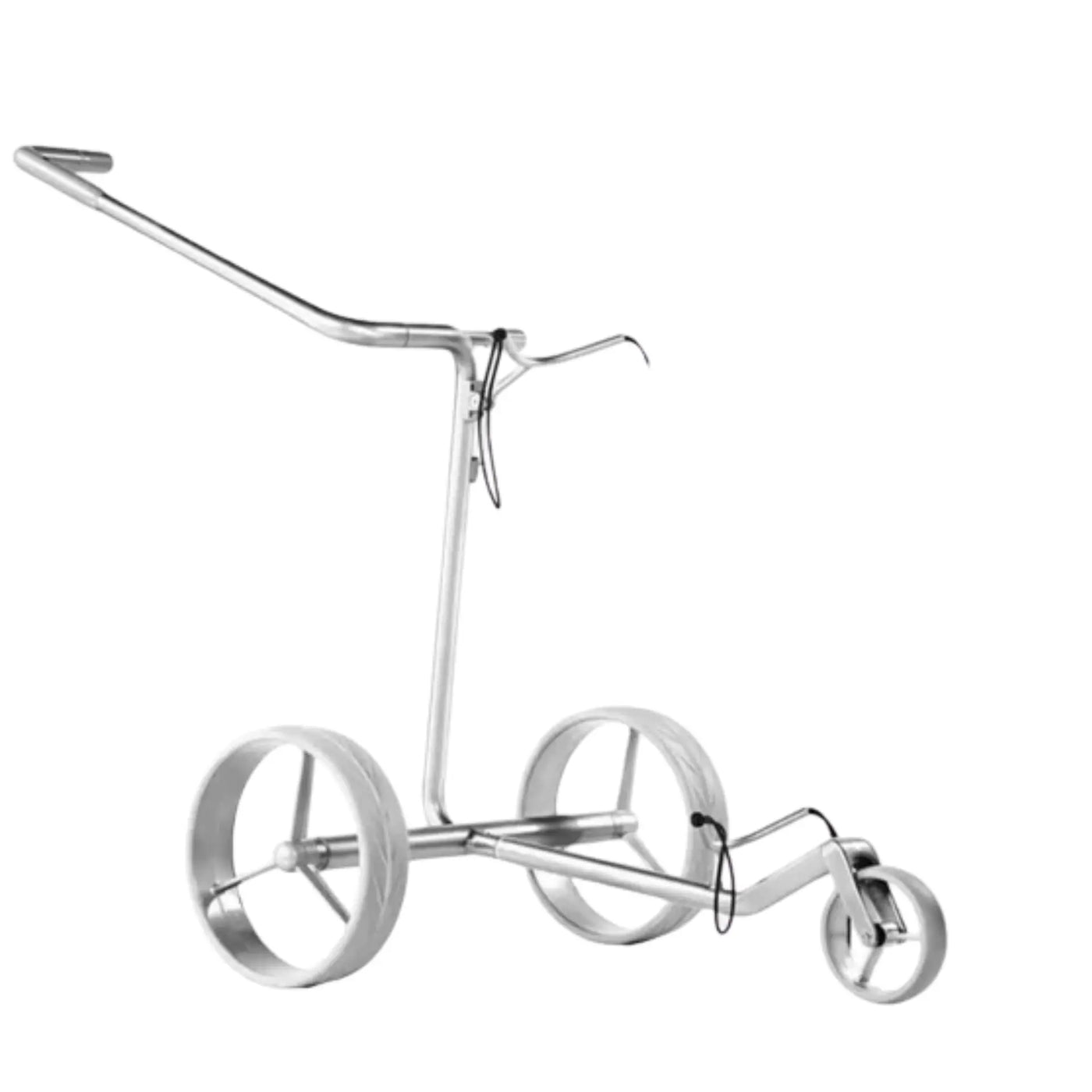 Moderner silberner Golf Trolley mit drei Rädern und Garantiehinweis, freigestellt auf Weiß